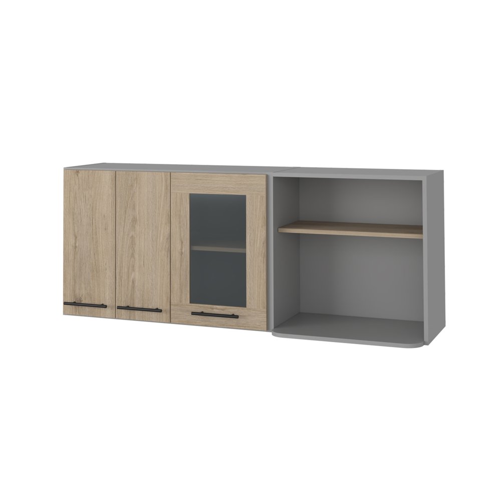 24" Gray and Natural Wood Wall Mounted Kitchen Cabinet With Three Doors HomeRoots