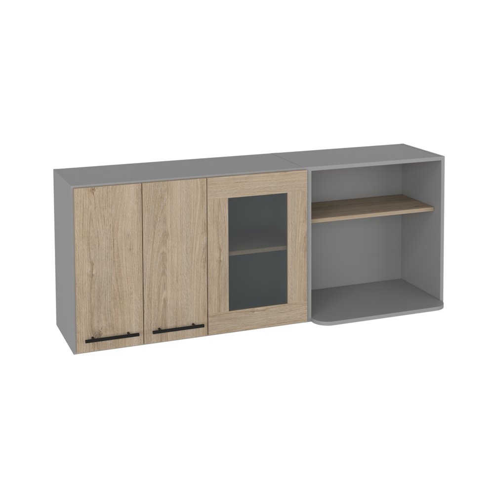 24" Gray and Natural Wood Wall Mounted Kitchen Cabinet With Three Doors HomeRoots