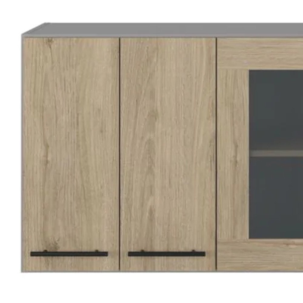 24" Gray and Natural Wood Wall Mounted Kitchen Cabinet With Three Doors — view 5