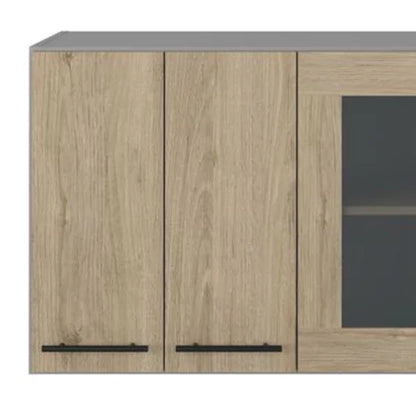 24" Gray and Natural Wood Wall Mounted Kitchen Cabinet With Three Doors HomeRoots
