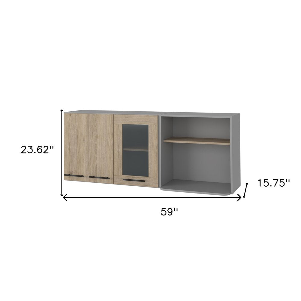 24" Gray and Natural Wood Wall Mounted Kitchen Cabinet With Three Doors HomeRoots