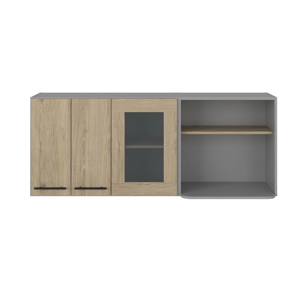 24" Gray and Natural Wood Wall Mounted Kitchen Cabinet With Three Doors HomeRoots