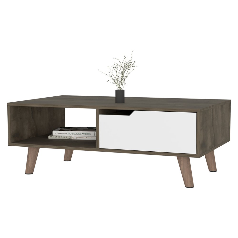 40" Natural And Dark Brown And White Wood Rectangular Coffee Table With Shelf HomeRoots