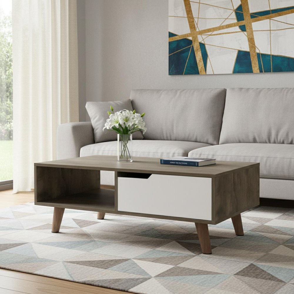 40" Natural And Dark Brown And White Wood Rectangular Coffee Table With Shelf HomeRoots