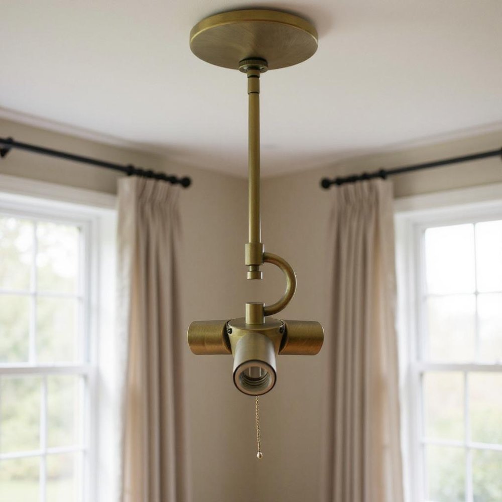 Antiqued Brass Bulb Three Light Metal Chandelier — view 5