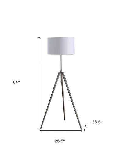 64" Silver Adjustable Tripod Floor Lamp With White Fabric Shade