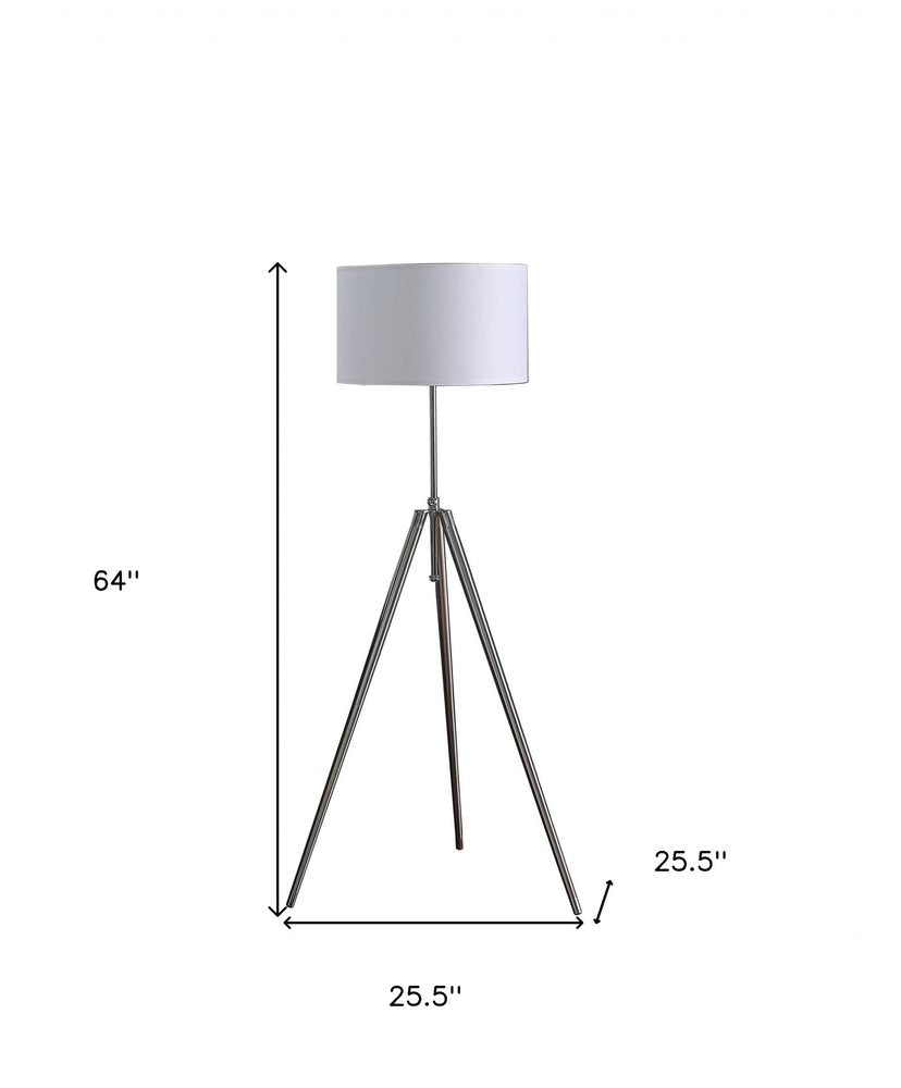 64" Silver Adjustable Tripod Floor Lamp With White Fabric Shade — view 3