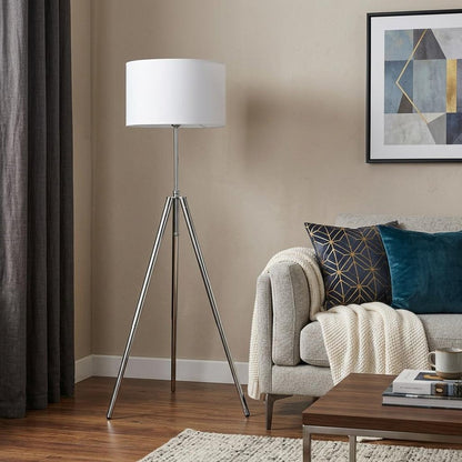 64" Silver Adjustable Tripod Floor Lamp With White Fabric Shade HomeRoots
