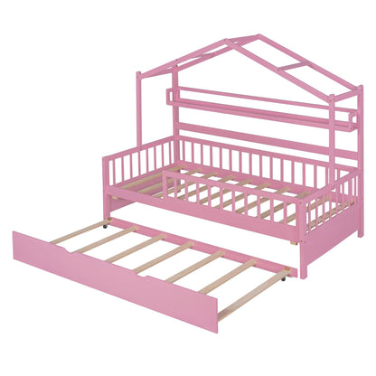 Wooden Twin Size House Bed with Trundle Kids Bed with Shelf Pink - FurniFindUSA