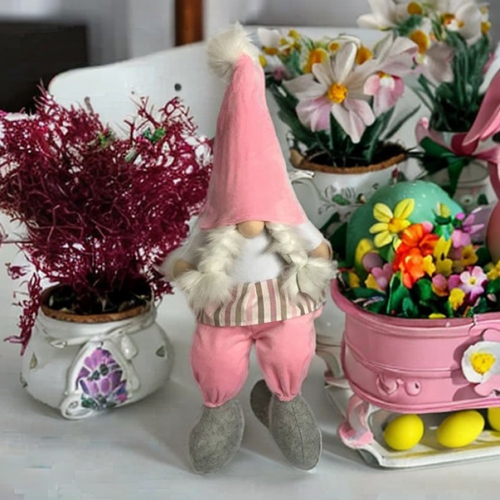 30" Pink and White Fabric Christmas Standing Gnome Tabletop Sculpture HomeRoots