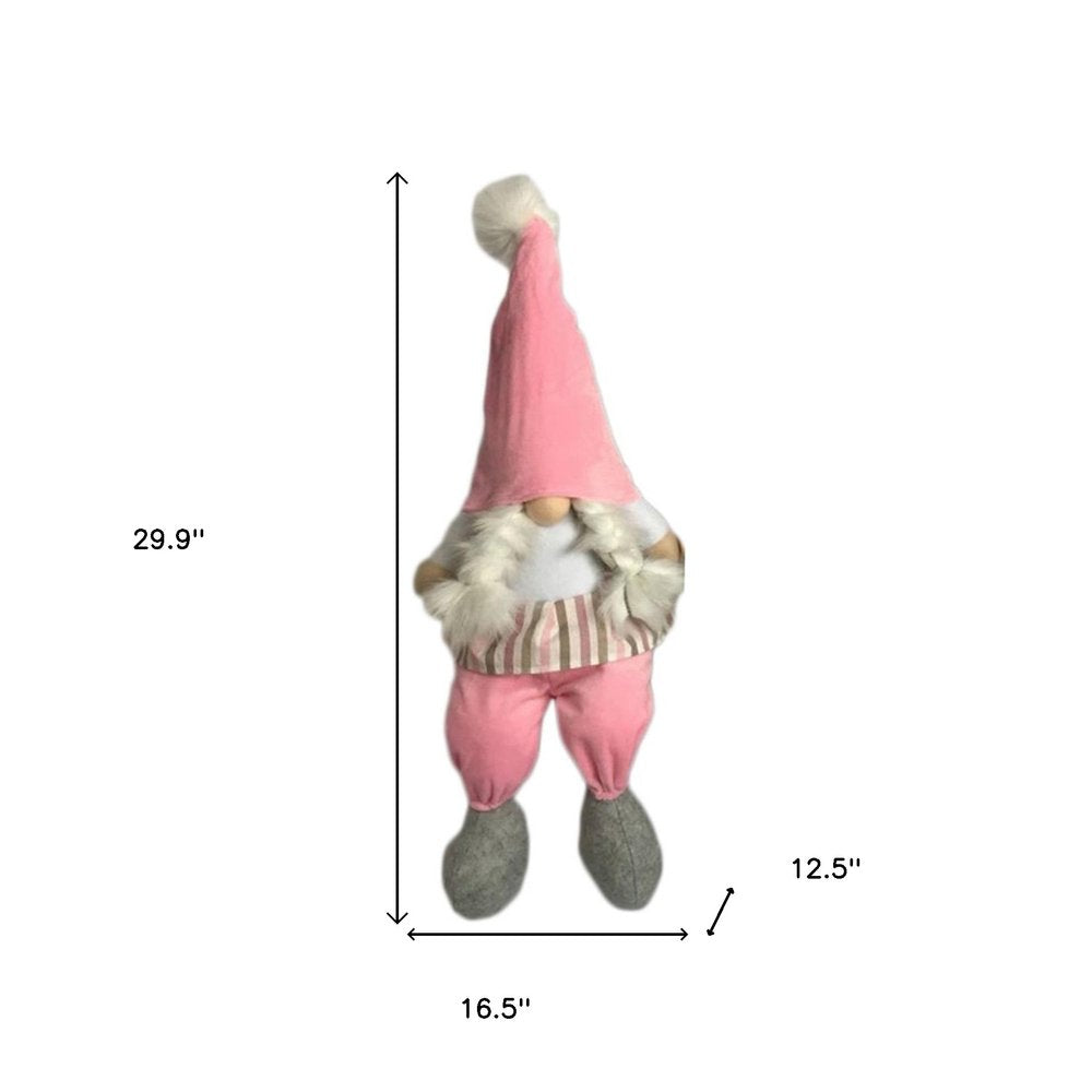30" Pink and White Fabric Christmas Standing Gnome Tabletop Sculpture HomeRoots