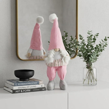30" Pink and White Fabric Christmas Standing Gnome Tabletop Sculpture HomeRoots