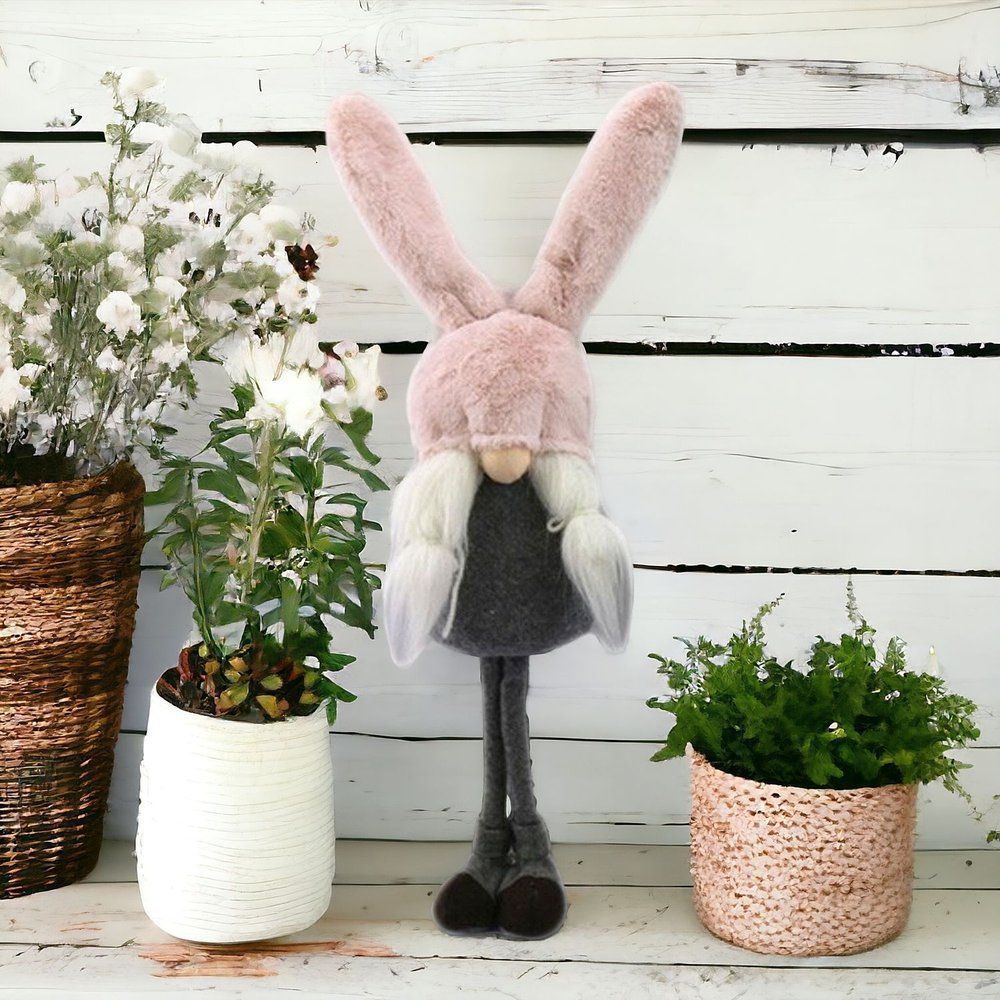 20" Gray and Pink Fabric Easter Standing Gnome Tabletop Sculpture HomeRoots