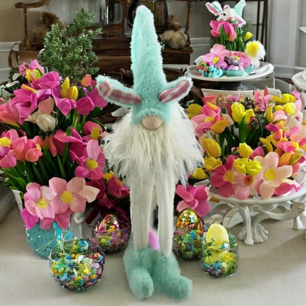 23" Blue and White Fabric Standing Bunny Gnome Tabletop Sculpture HomeRoots