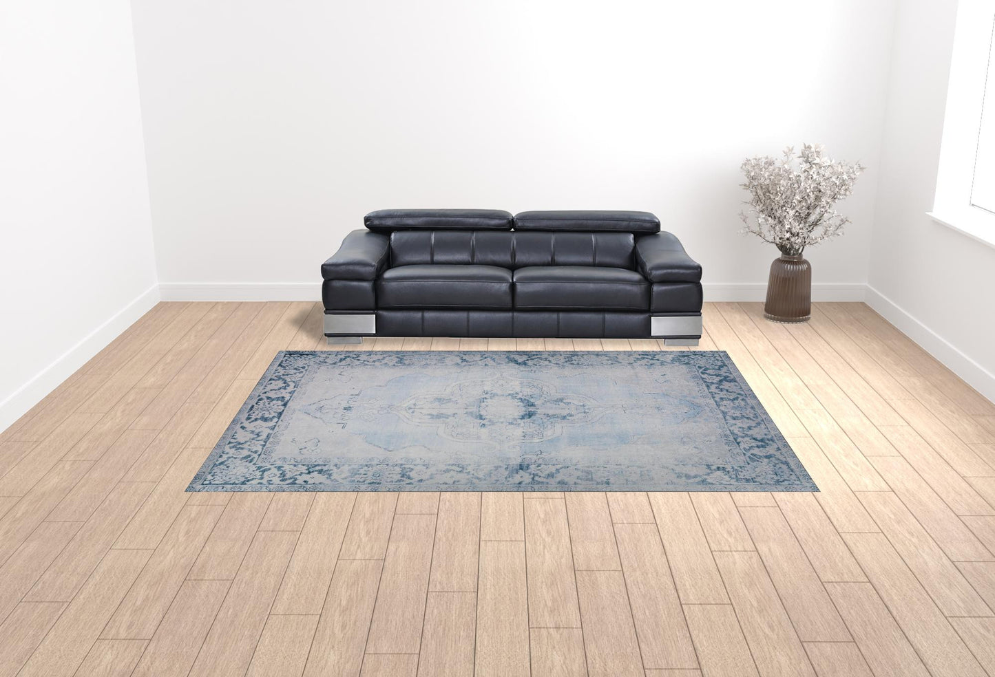 9' X 13' Blue Oriental Distressed Non Skid Area Rug