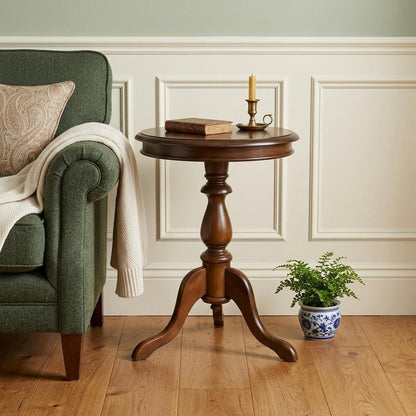 25" Chestnut Wood And Solid Wood Round Pedestal End Table