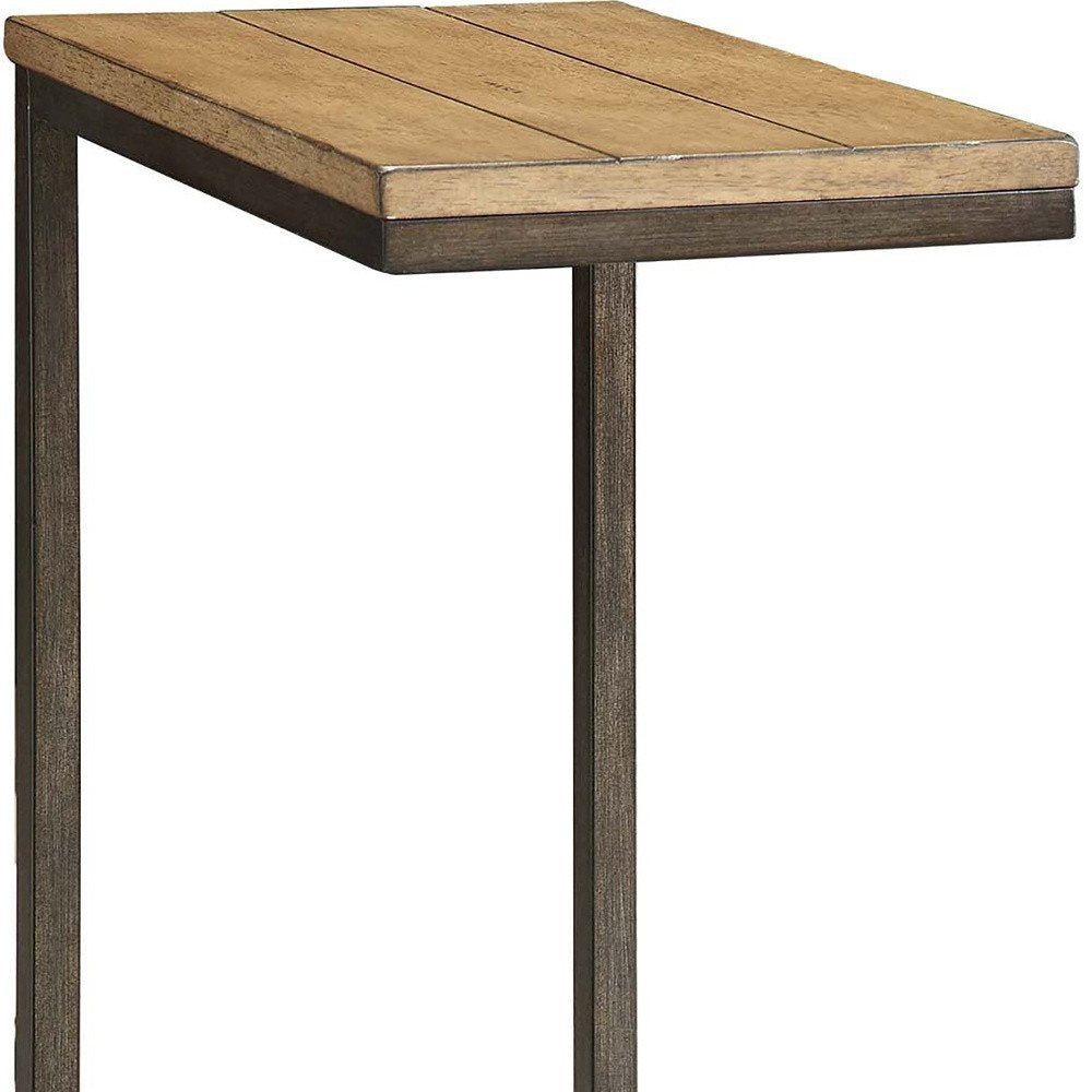25" Oak And Black Distressed Solid Wood And Steel End Table — view 3