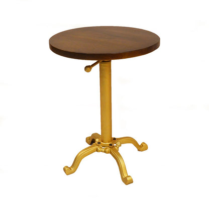 22" Dark Brown And Gold Solid Wood And Iron Height Adjustable Round Pedestal End Table