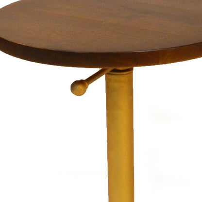 22" Dark Brown And Gold Solid Wood And Iron Height Adjustable Round Pedestal End Table