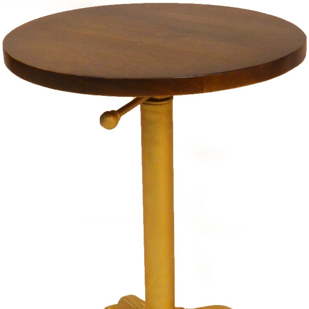 22" Dark Brown And Gold Solid Wood And Iron Height Adjustable Round Pedestal End Table
