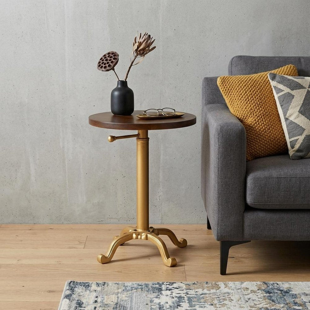22" Dark Brown And Gold Solid Wood And Iron Height Adjustable Round Pedestal End Table — view 5