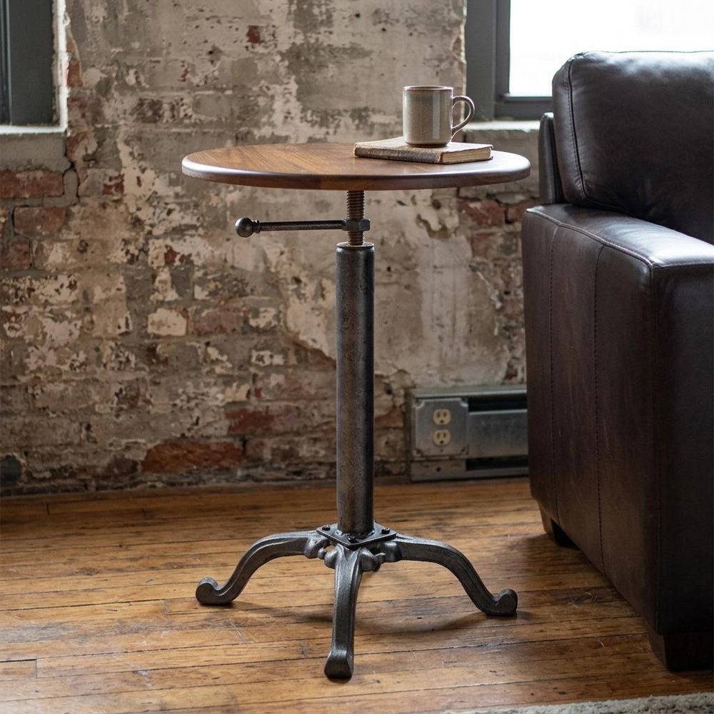 22" Chestnut And Gray Solid Wood And Iron Height Adjustable Round Pedestal End Table