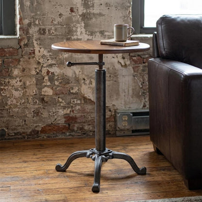 22" Chestnut And Gray Solid Wood And Iron Height Adjustable Round Pedestal End Table