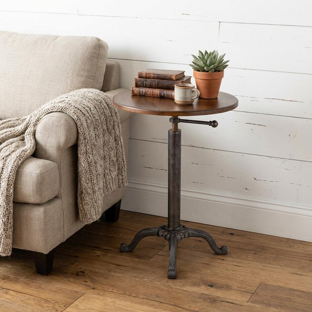 22" Chestnut And Gray Solid Wood And Iron Height Adjustable Round Pedestal End Table