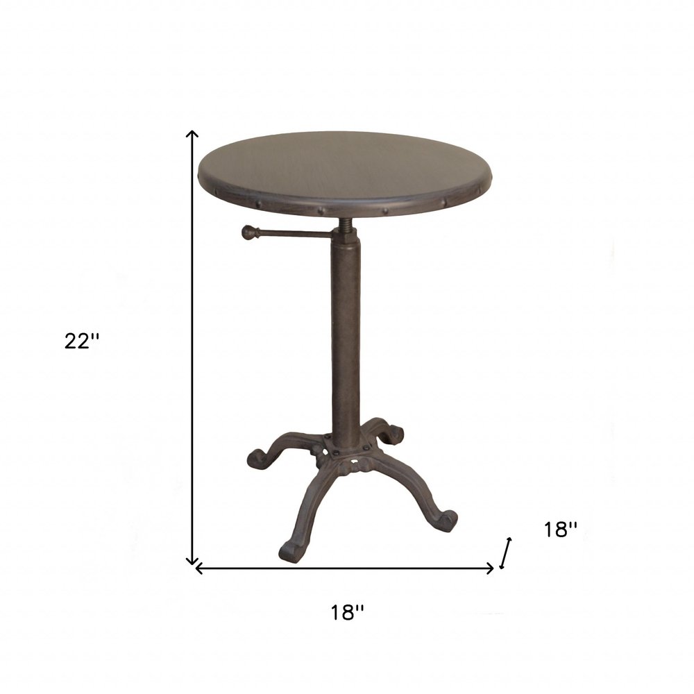 Gunmetal and Brown Iron Height Adjustable Round Pedestal End Table HomeRoots