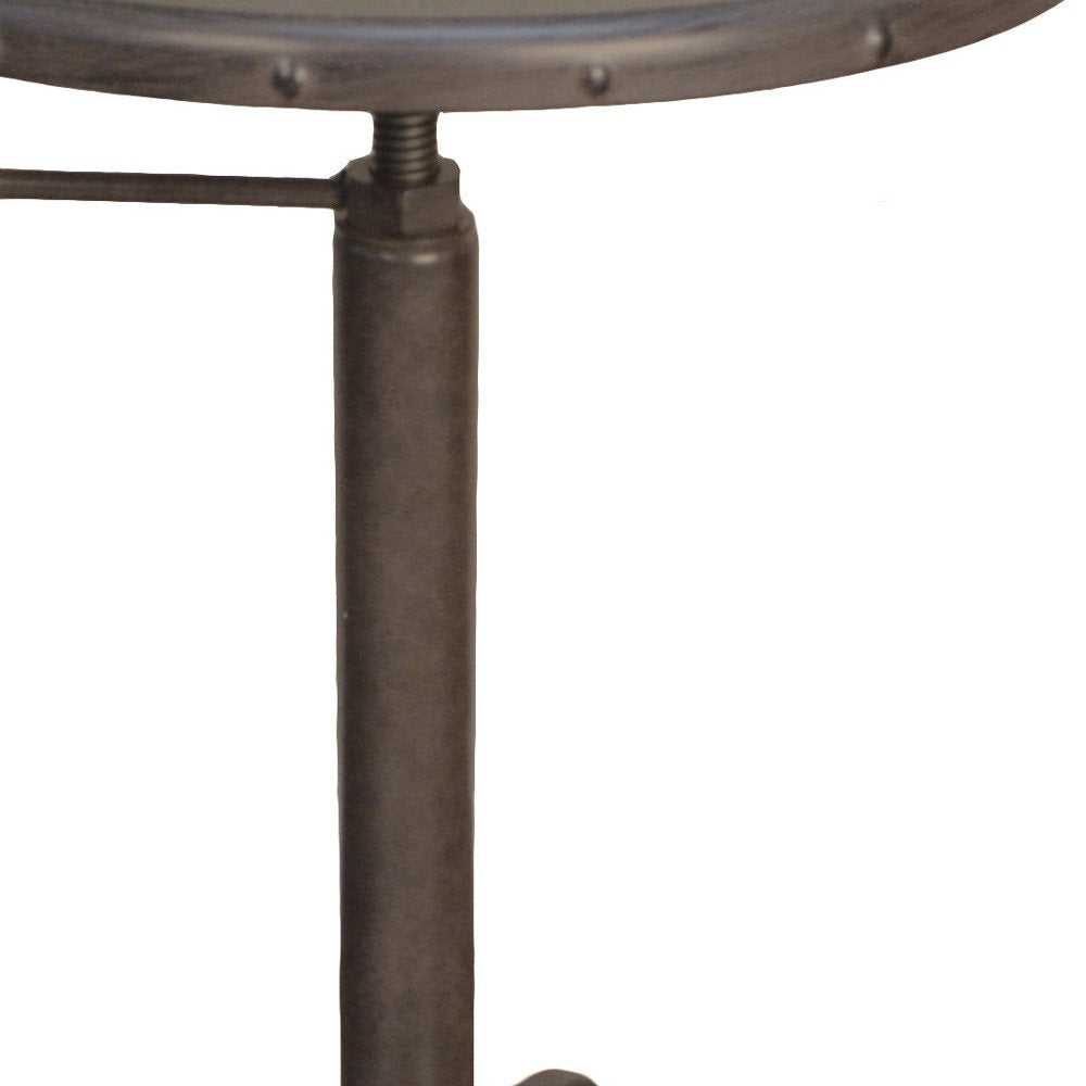 Gunmetal and Brown Iron Height Adjustable Round Pedestal End Table — view 3