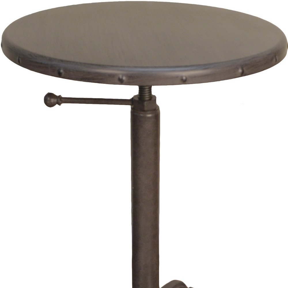 Gunmetal and Brown Iron Height Adjustable Round Pedestal End Table