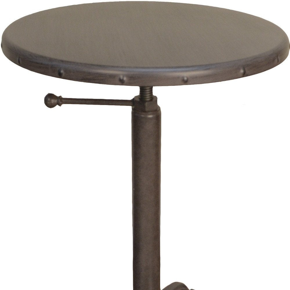 Gunmetal and Brown Iron Height Adjustable Round Pedestal End Table HomeRoots