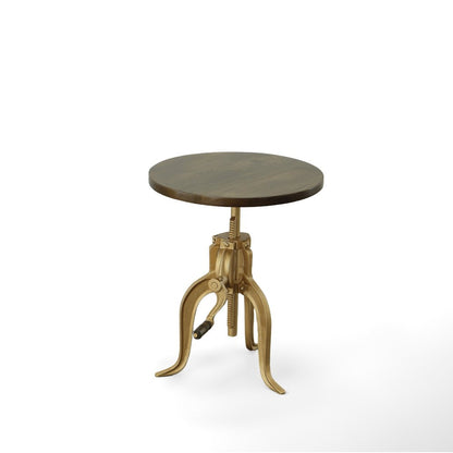 19" Dark Brown And Gold Distressed Solid Wood And Iron Height Adjustable Round End Table