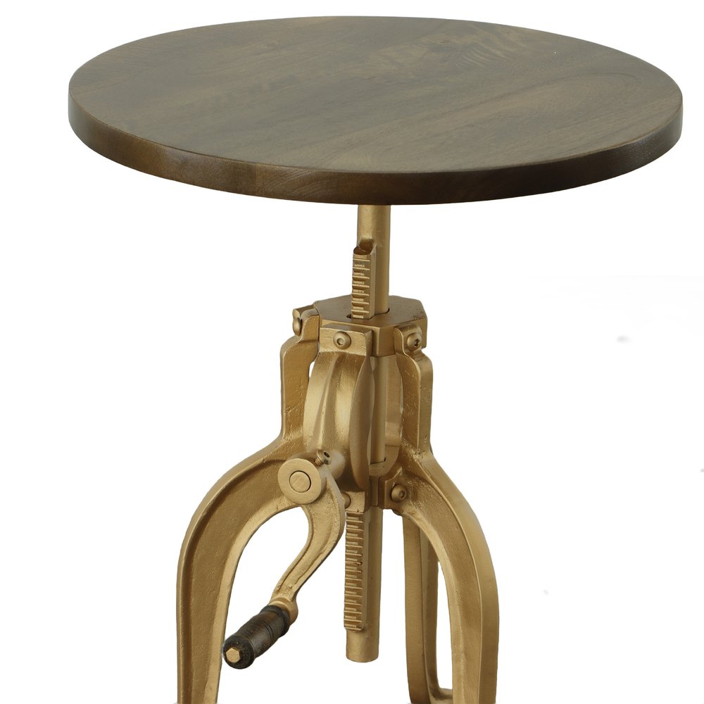 19" Dark Brown And Gold Distressed Solid Wood And Iron Height Adjustable Round End Table — view 3