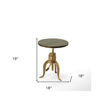 19" Dark Brown And Gold Distressed Solid Wood And Iron Height Adjustable Round End Table