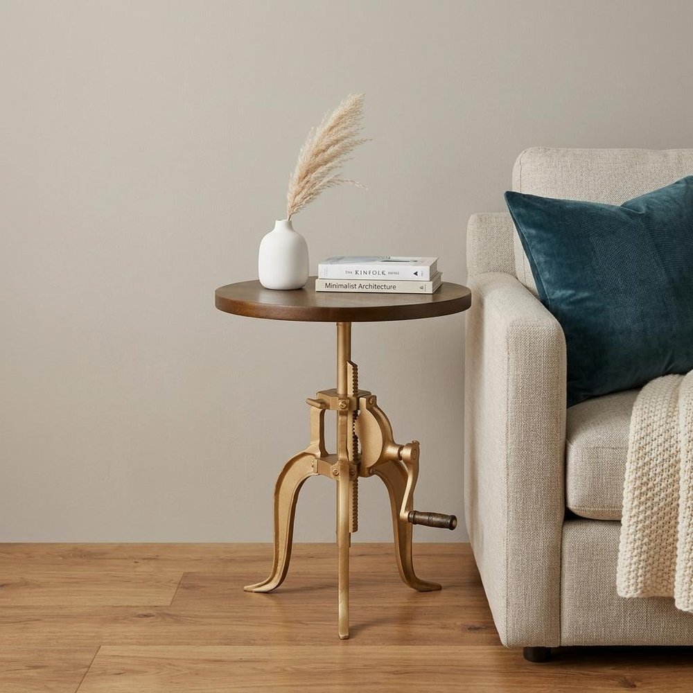 19" Dark Brown And Gold Distressed Solid Wood And Iron Height Adjustable Round End Table — view 5