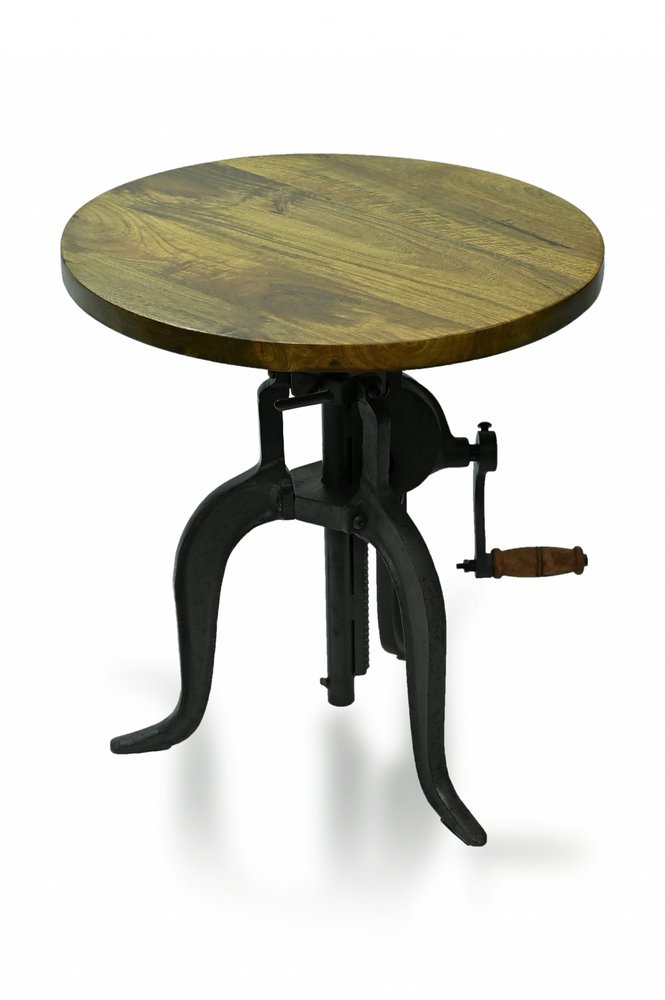 19" Oak And Black Distressed Solid Wood And Iron Height Adjustable Round End Table — view 1