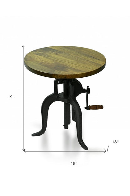 19" Oak And Black Distressed Solid Wood And Iron Height Adjustable Round End Table