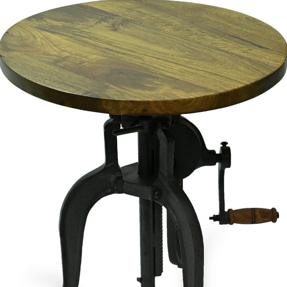 19" Oak And Black Distressed Solid Wood And Iron Height Adjustable Round End Table — view 4
