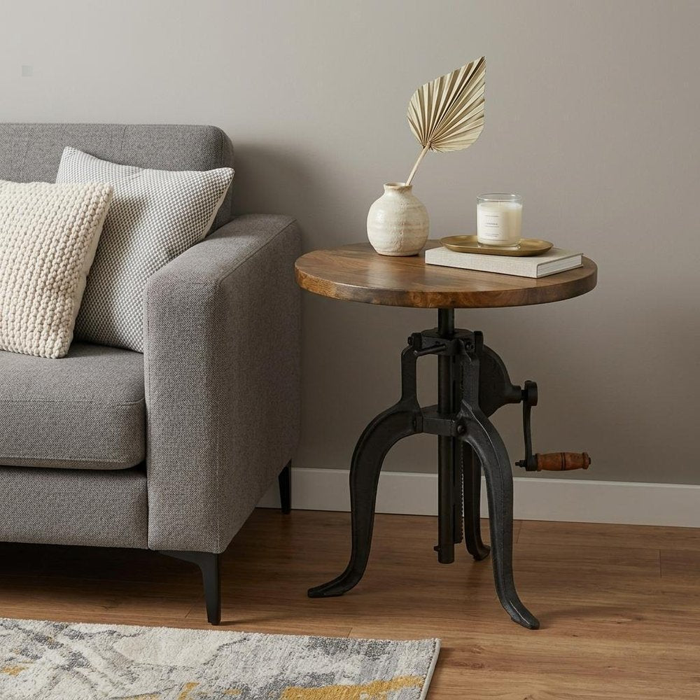 19" Industrial And Oak Solid Wood Round End Table HomeRoots