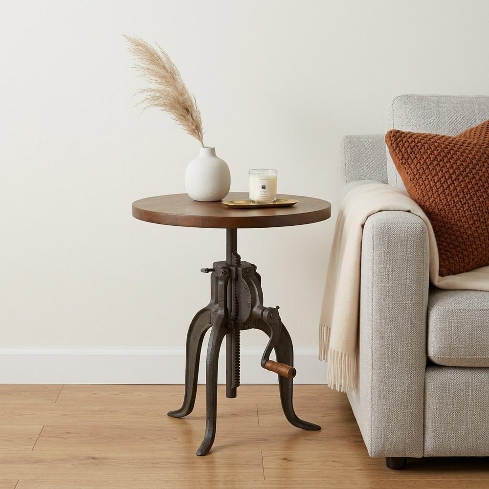 19" Industrial And Oak Solid Wood Round End Table — view 7