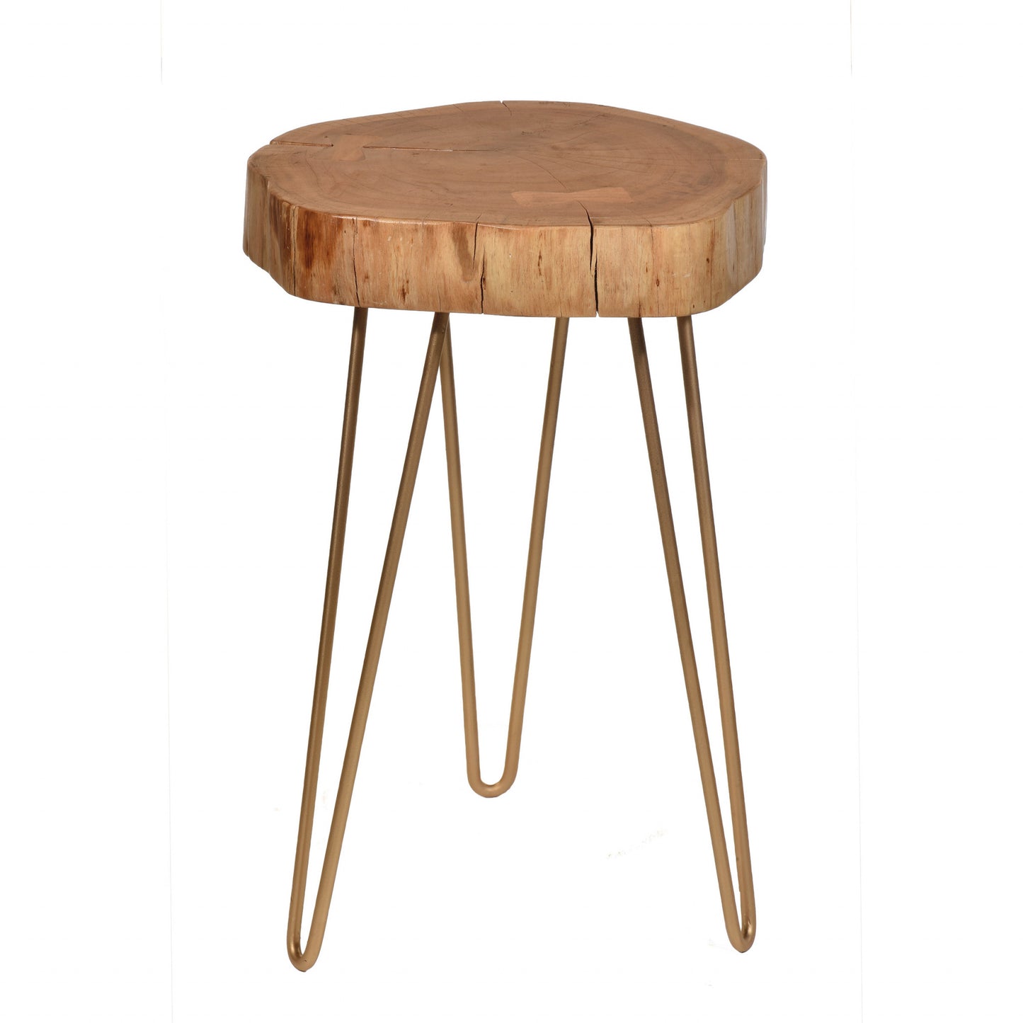 26" Gold And Natural Solid Wood Round End Table