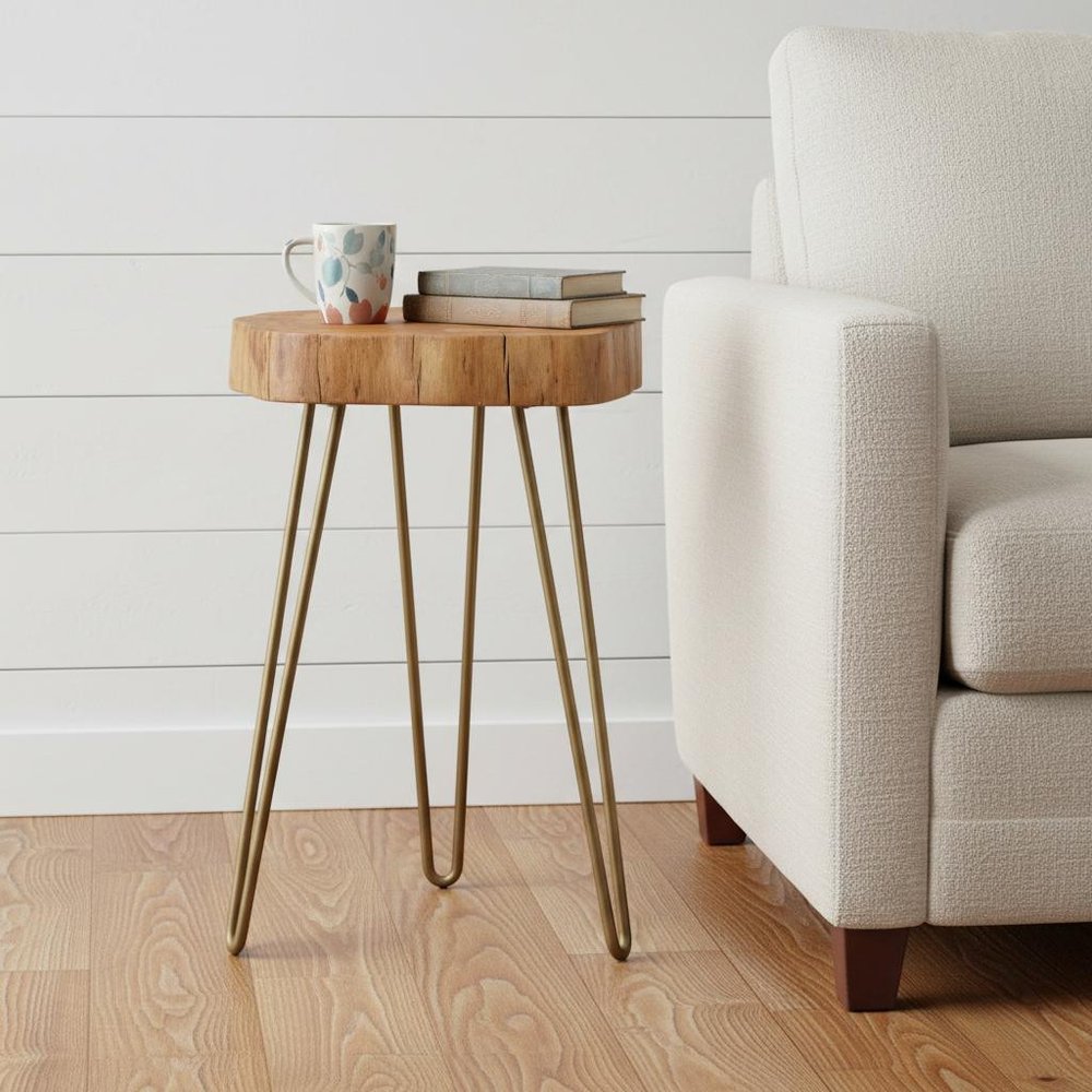 26" Gold And Natural Solid Wood Round End Table HomeRoots