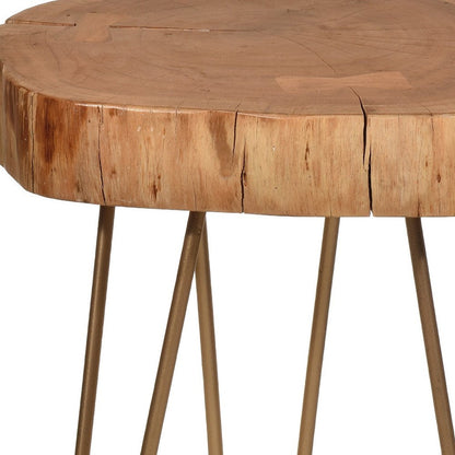 26" Gold And Natural Solid Wood Round End Table HomeRoots