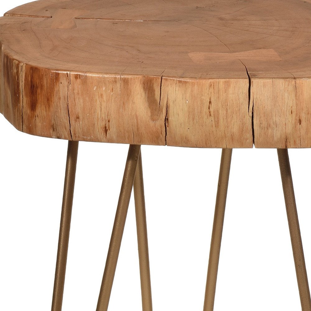 26" Gold And Natural Solid Wood Round End Table HomeRoots