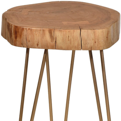 26" Gold And Natural Solid Wood Round End Table HomeRoots