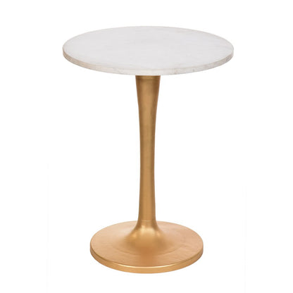 19" White And Gold Distressed Marble And Iron Round Pedestal End Table
