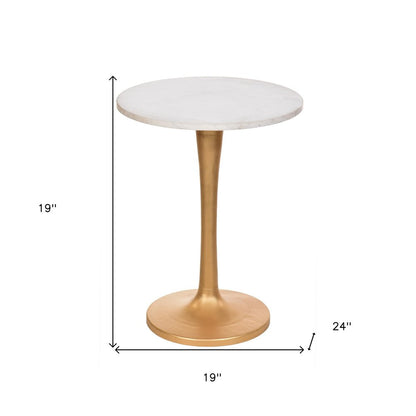 19" White And Gold Distressed Marble And Iron Round Pedestal End Table