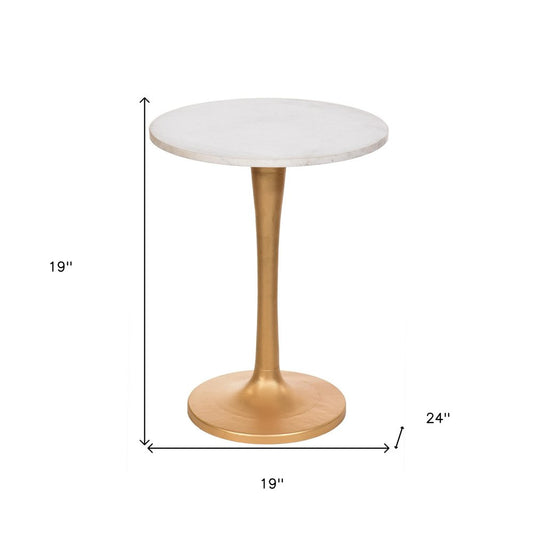 19" Gold And White Marble Round End Table