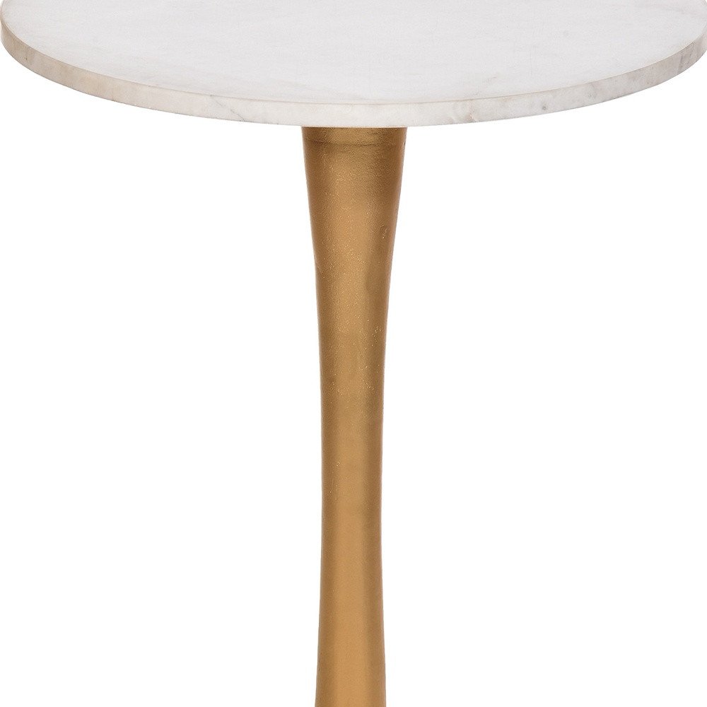 19" White And Gold Distressed Marble And Iron Round Pedestal End Table